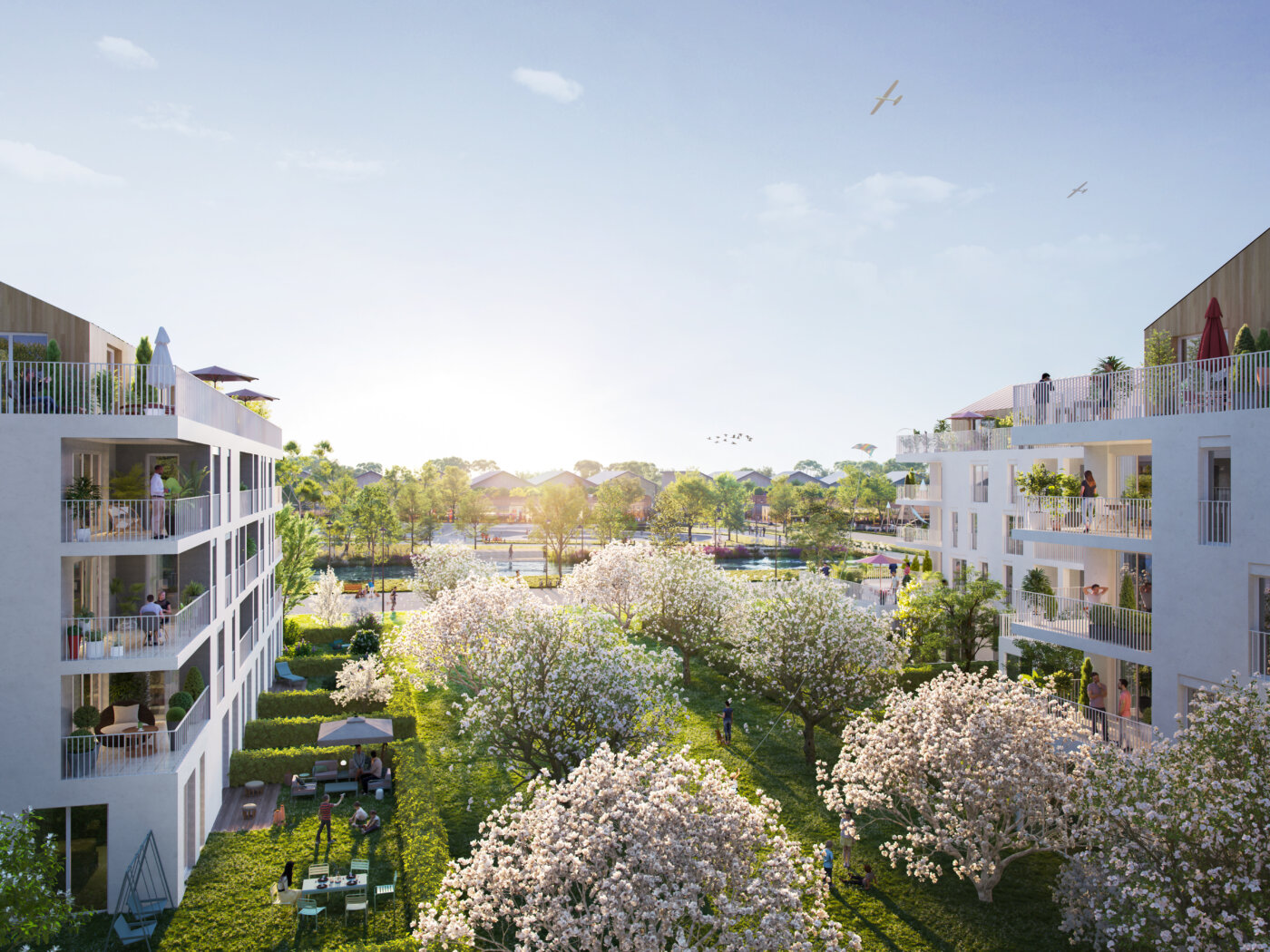 Les logements de l’entrée de ville de Chartres et leur jardin d’arbres en fleurs — perspective 3D, Archigroup pour Mercialys
