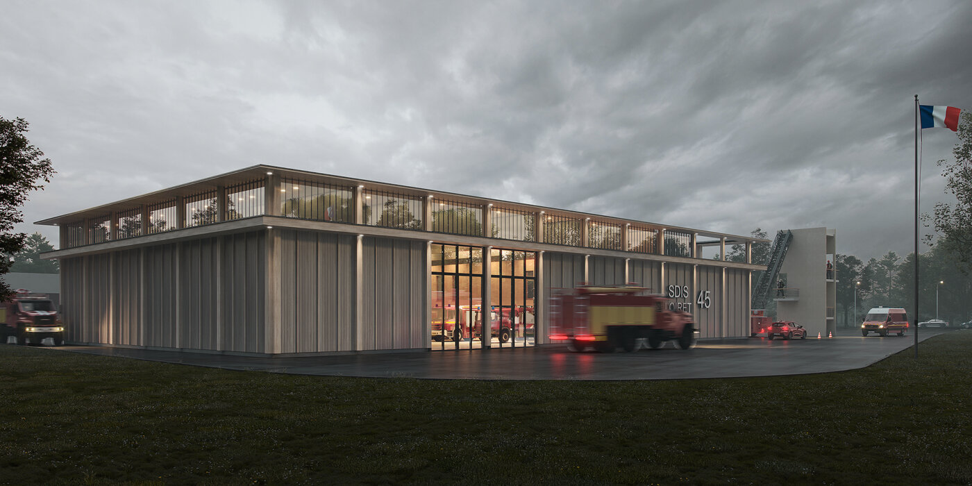 Un engin quitte le centre de secours du SDIS du Loiret de nuit, sous un ciel d’orage — perspective 3D, Dunes Architectes Ingénieurs