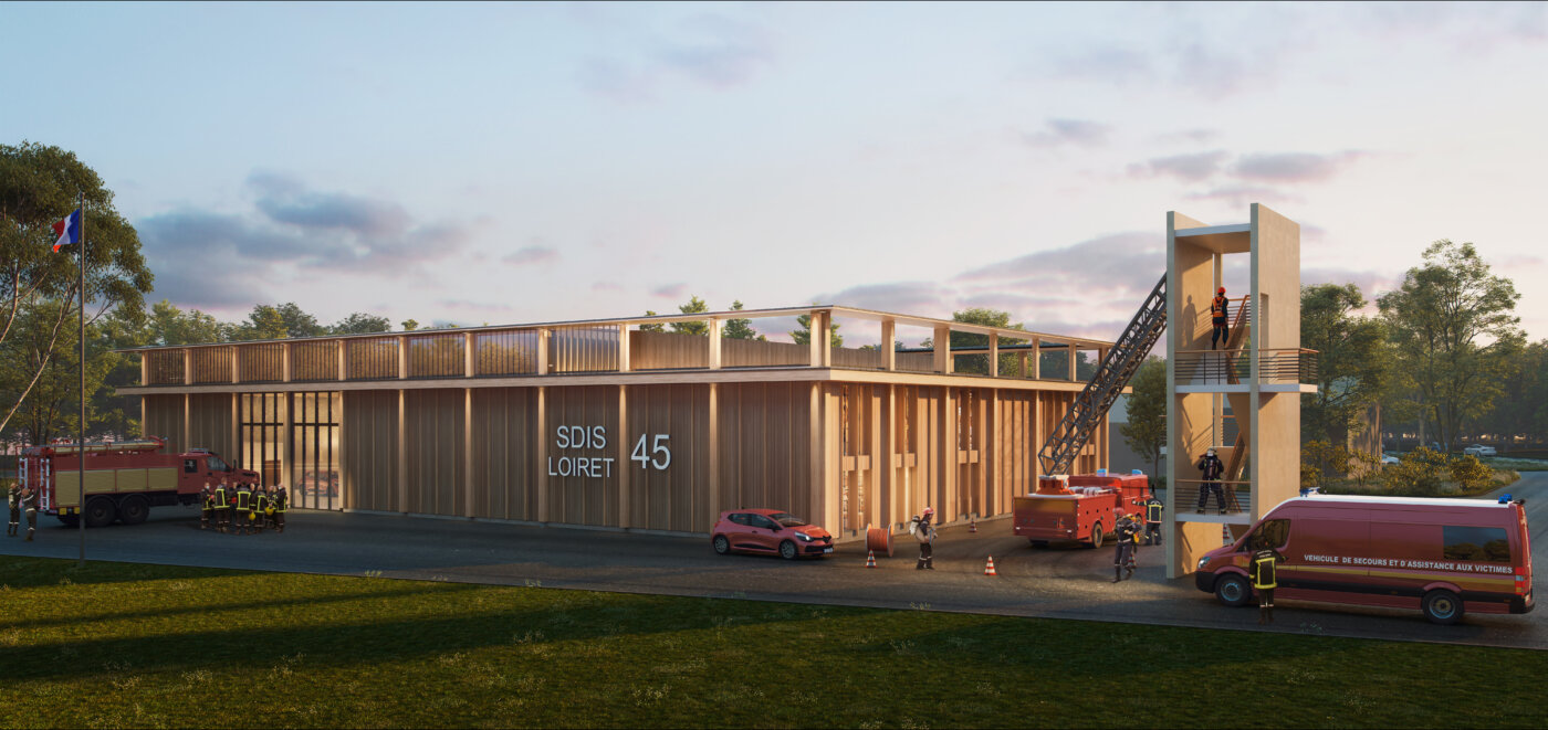 Le centre de secours du SDIS du Loiret au crépuscule, avec la tour de manœuvre — perspective 3D, Dunes Architectes Ingénieurs