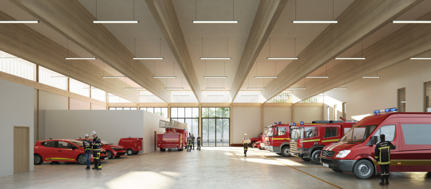 La remise du centre de secours du SDIS du Loiret, charpente bois apparente et véhicules alignés — perspective 3D d’intérieur, Dunes Architectes Ingénieurs