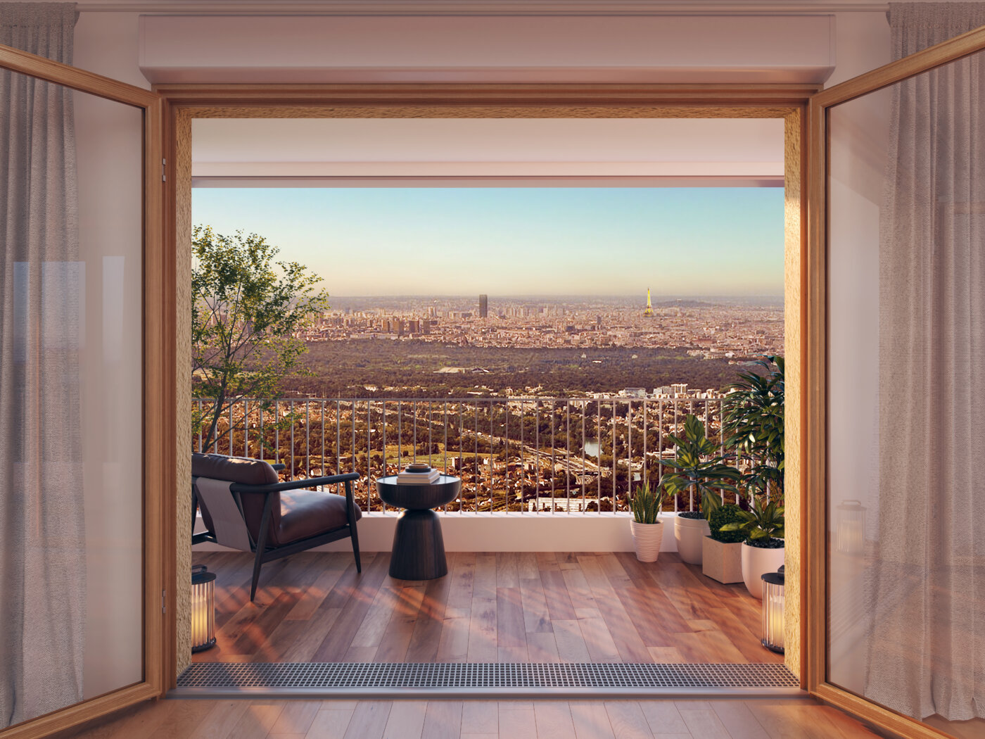 Depuis un appartement du Sisley, la terrasse ouvre sur Paris — perspective 3D d’intérieur, Villiers-sur-Marne