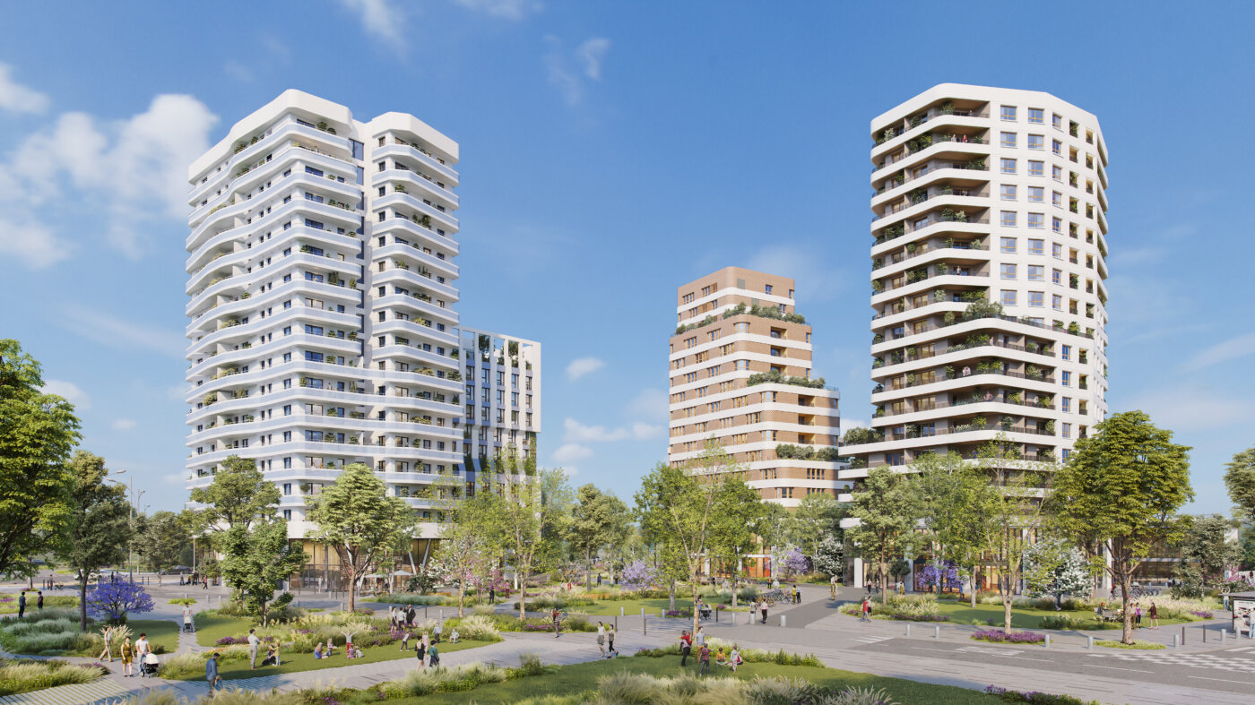 Vue d’ensemble de l’opération Le Sisley dans la ZAC Marne Europe, trois bâtiments et les espaces publics — perspective 3D