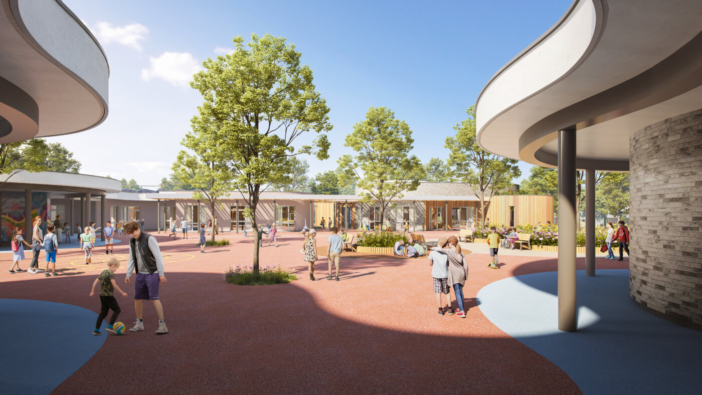 La cour du groupe scolaire Romain Rolland sous les auvents circulaires, enfants au jeu — perspective 3D, A4PLUSA