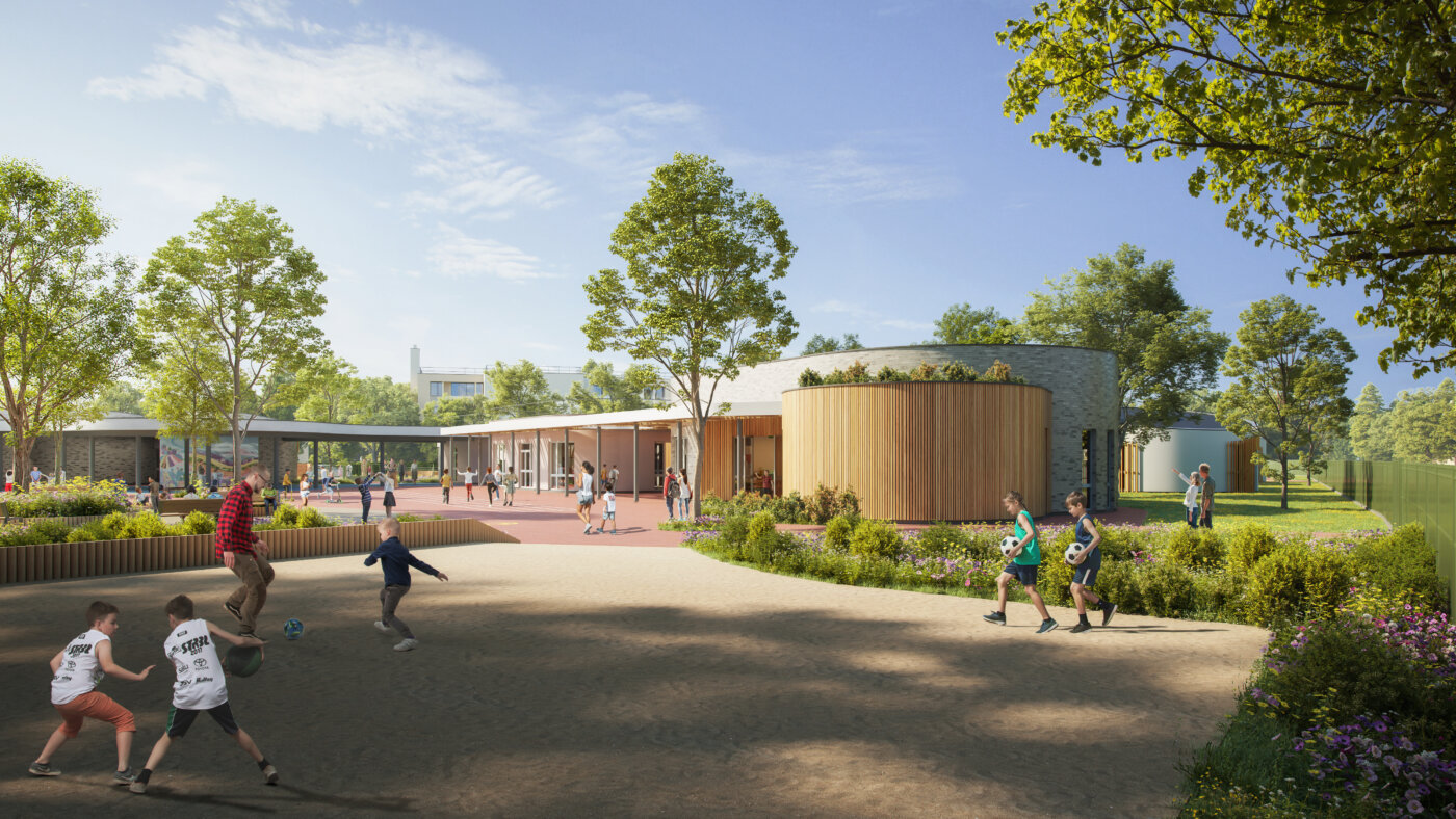 Le groupe scolaire Romain Rolland vu depuis les abords, volume circulaire en bardage bois et aile de classes basse — perspective 3D, A4PLUSA