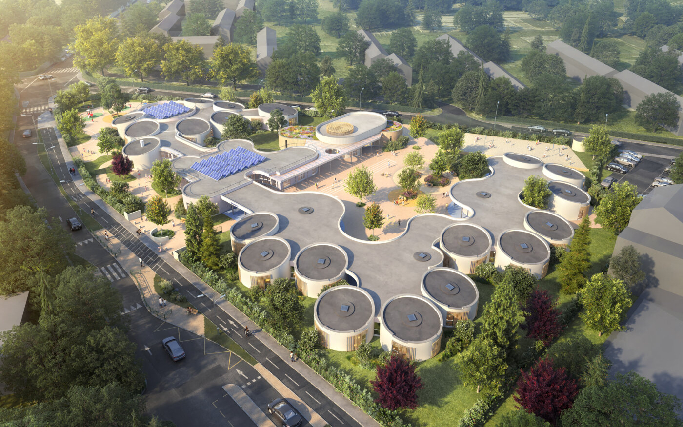 Vue aérienne du groupe scolaire Romain Rolland à Vaux-le-Pénil : les alvéoles circulaires reliées par des toitures courbes, panneaux solaires et toitures végétalisées — perspective 3D, A4PLUSA