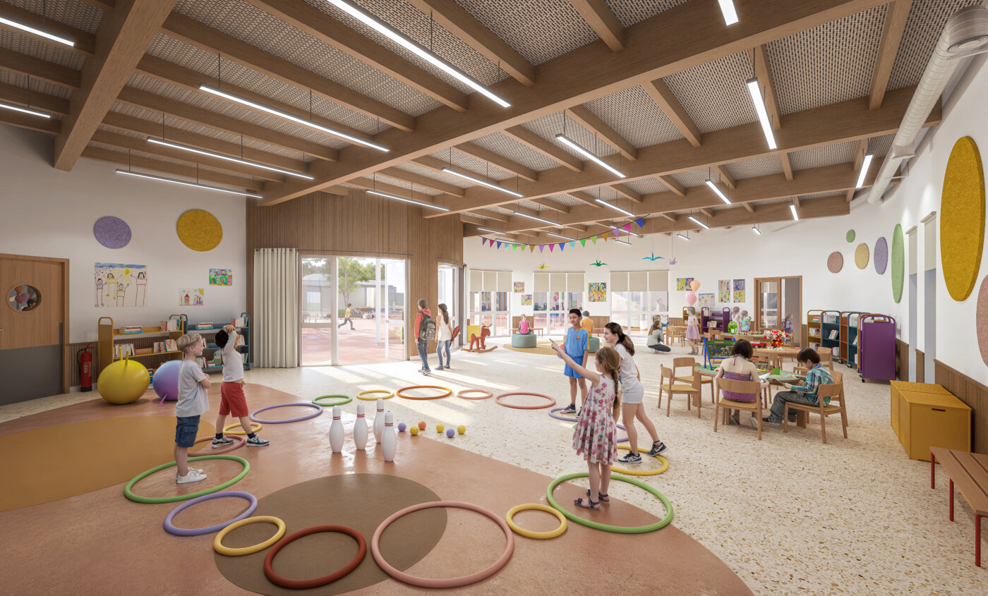 La salle polyvalente du groupe scolaire Romain Rolland, charpente bois apparente et sol coloré — perspective 3D d’intérieur, A4PLUSA · UBIQUE