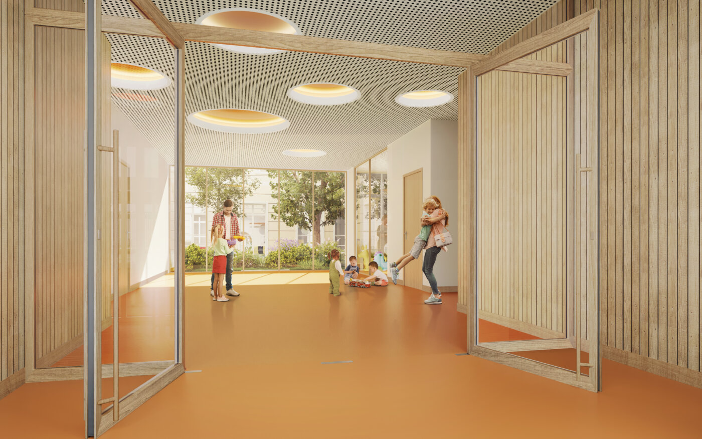 Le hall d’accueil du groupe scolaire du Bois de l’Étang à La Verrière