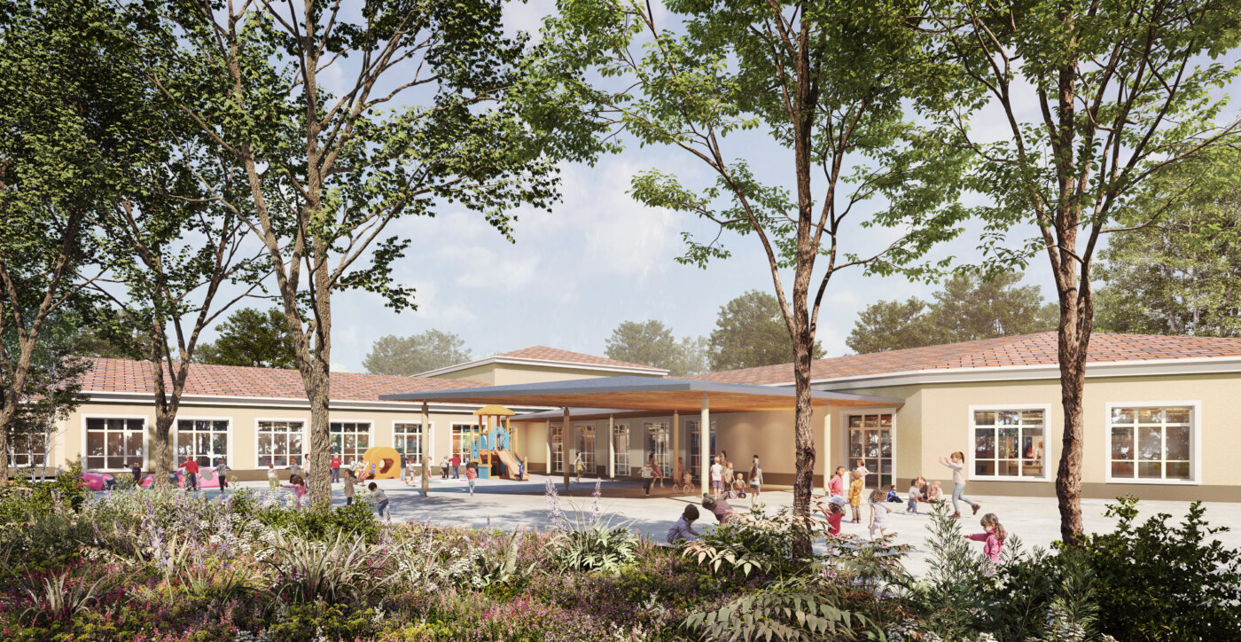 Cour de la maternelle du groupe scolaire du Bois de l’Étang à La Verrière — perspective 3D de concours, A5A Architectes