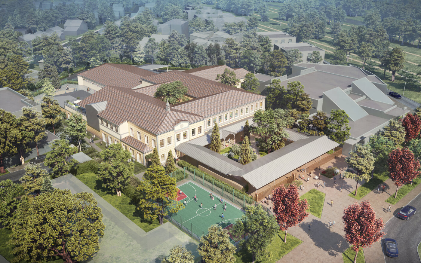 Vue aérienne du groupe scolaire du Bois de l’Étang à La Verrière — perspective 3D de concours, A5A Architectes