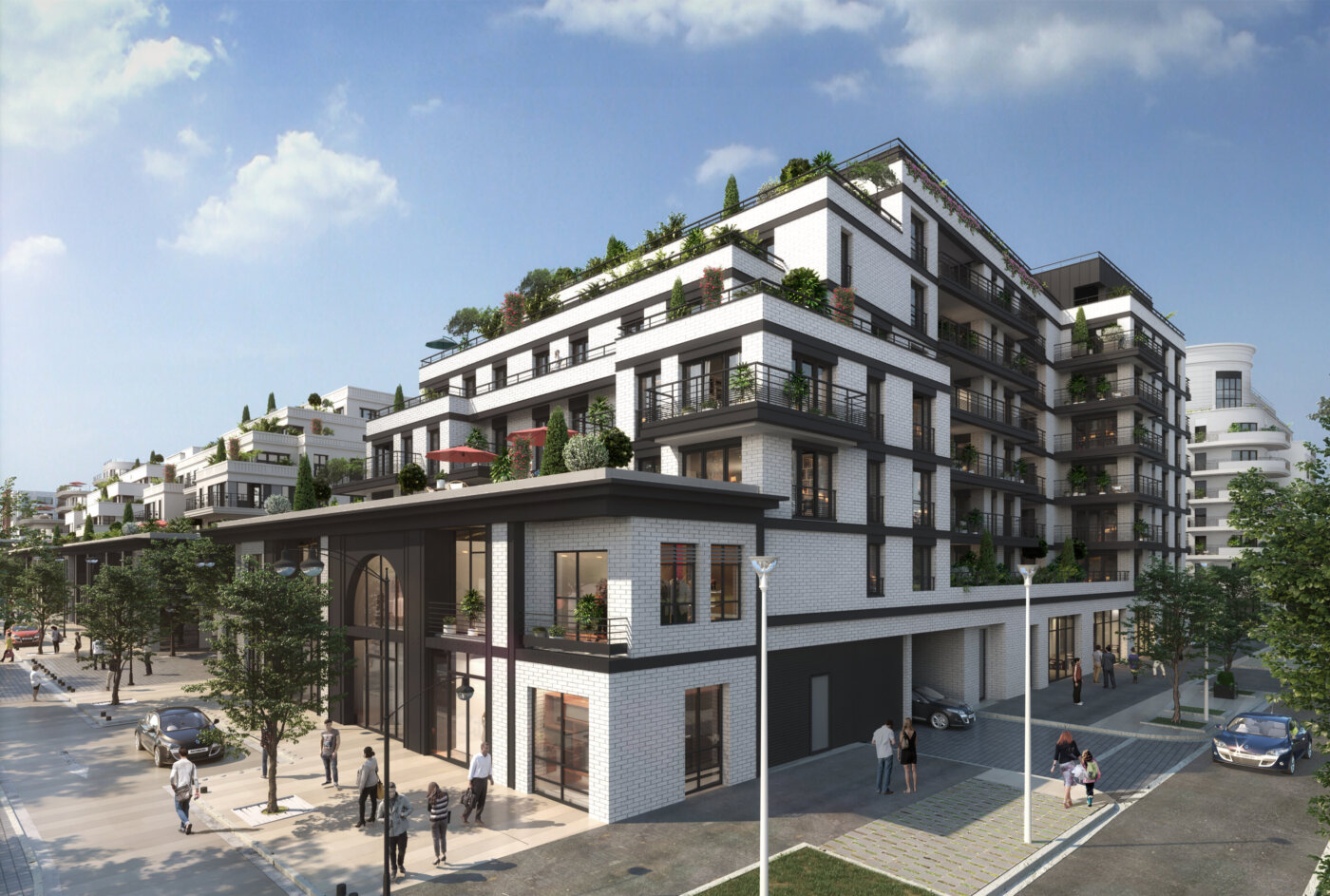 Le Village des Rosiers à Saint-Ouen, façade de brique blanche et terrasses plantées vues depuis la rue — perspective 3D, DGM & Associés