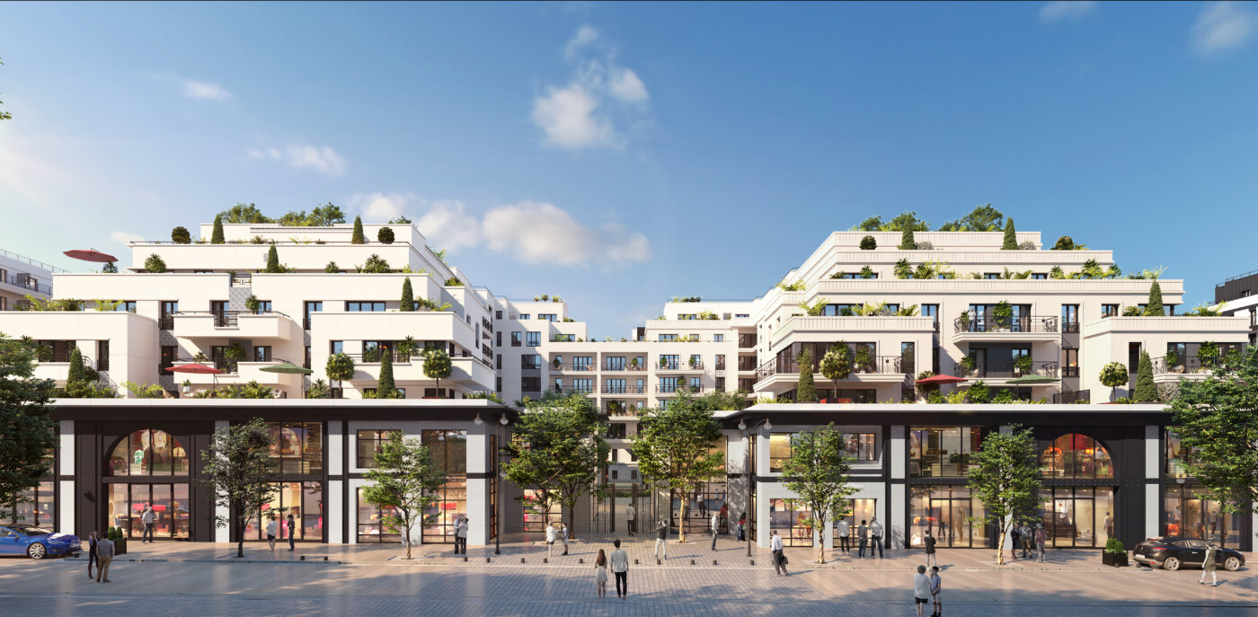 Le Village des Rosiers à Saint-Ouen, la place et ses commerces en rez-de-chaussée sous les logements à terrasses — perspective 3D, DGM & Associés