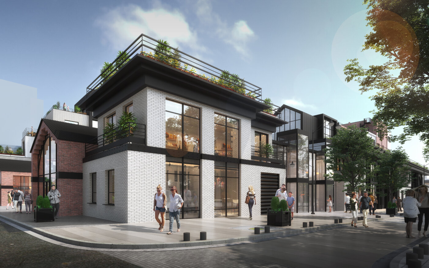 Le Village des Rosiers à Saint-Ouen, l’angle en brique blanche et acier noir sur la rue piétonne — perspective 3D, DGM & Associés