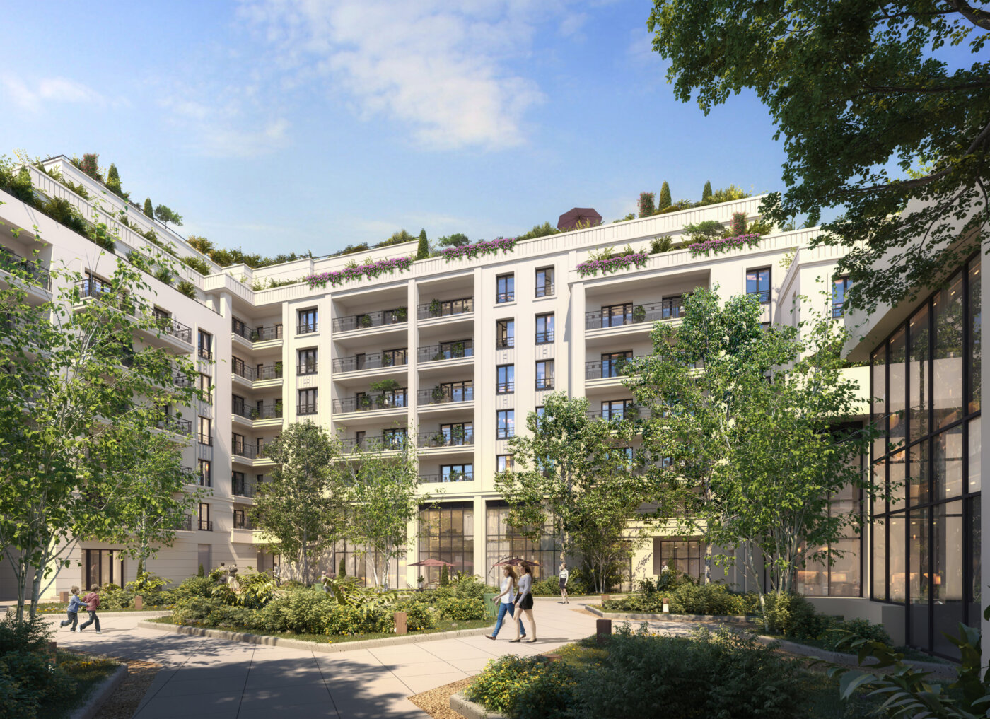 Le Village des Rosiers à Saint-Ouen, le jardin intérieur entre les bâtiments — perspective 3D, DGM & Associés