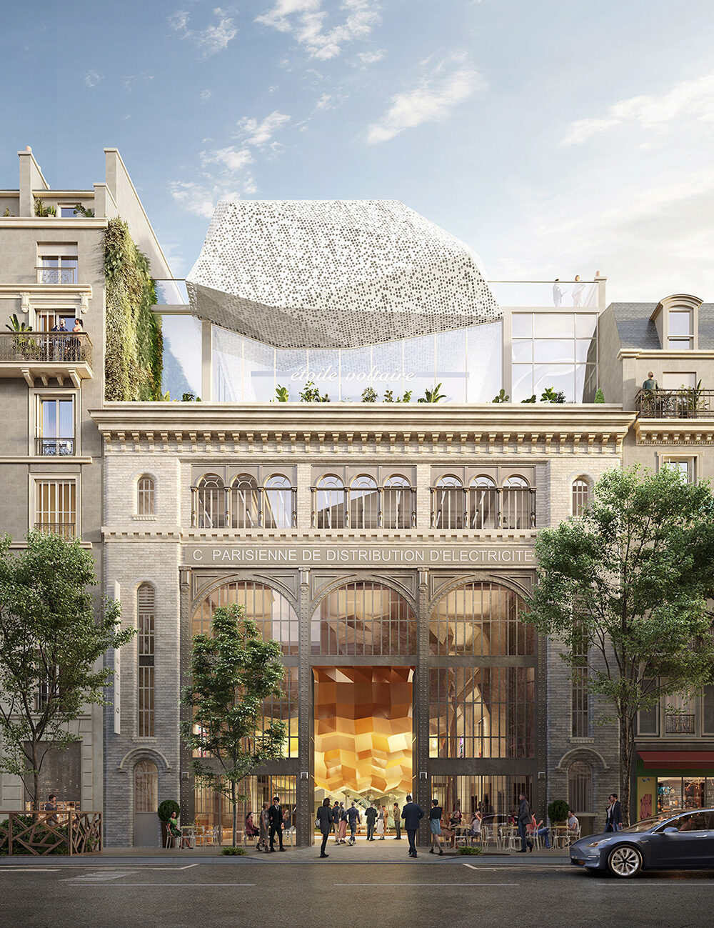 Perspective 3D d'architecture : Étoile Voltaire à Paris 11e, façade conservée de l'ancienne sous-station électrique et volume ajouté en toiture