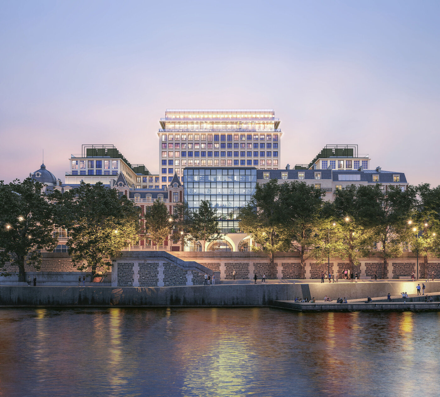 Morland Mixité Capitale vu depuis la Seine au crépuscule, sommet de la tour éclairé — perspective 3D de recherche d’après David Chipperfield Architects