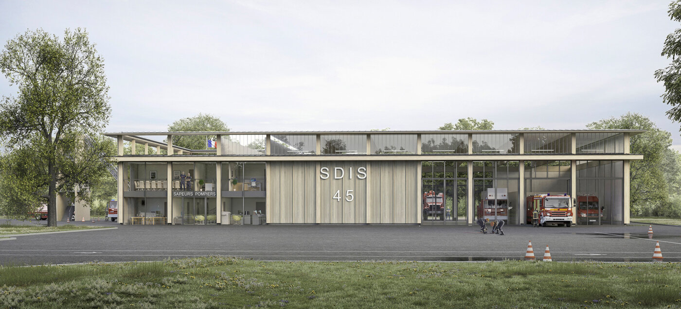 Élévation du centre de secours du SDIS du Loiret, façade sur le parvis — perspective 3D, Dunes Architectes Ingénieurs