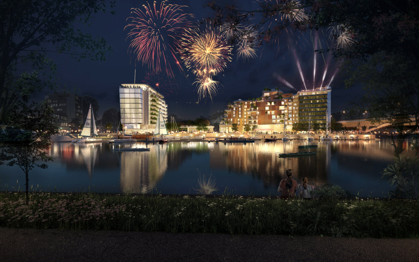 Le port de plaisance de Nogent-sur-Marne la nuit, sous un feu d’artifice, façades éclairées reflétées dans la Marne