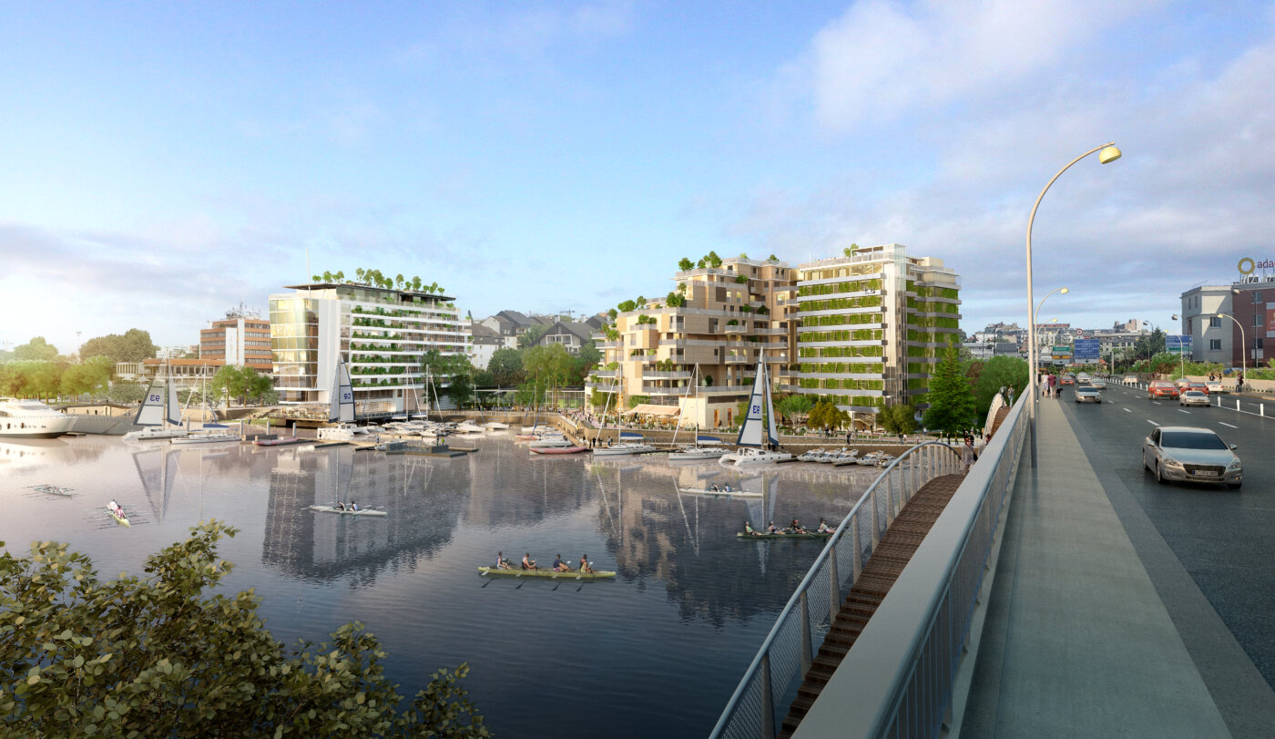 Le port de Nogent-sur-Marne vu depuis le pont, avec des avirons sur la Marne et les bâtiments du projet au fond