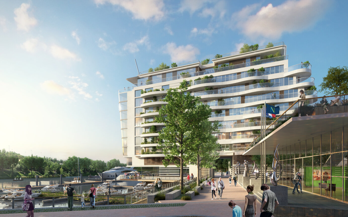 Le bâtiment principal du projet E la nave va vu depuis le quai : balcons filants, socle vitré et mâts des voiliers au premier plan