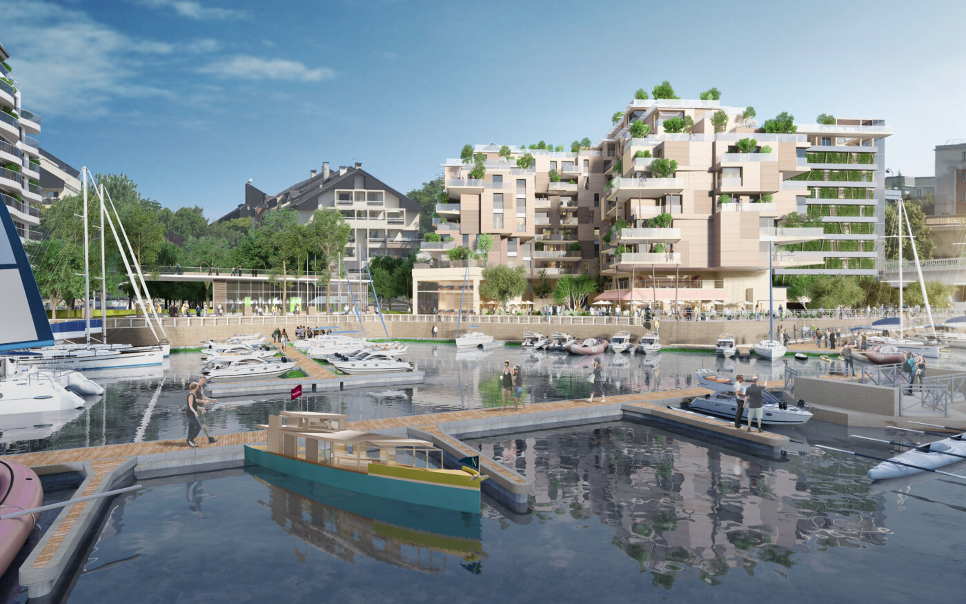 Les pontons du port de plaisance de Nogent-sur-Marne, bateaux amarrés et façades à toitures plantées en arrière-plan