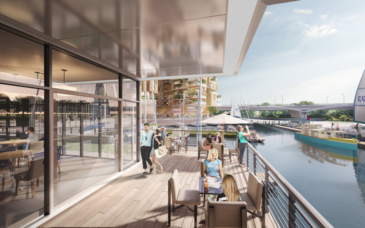 Depuis l’intérieur d’un café du port de Nogent-sur-Marne : terrasse, baies vitrées et vue sur les bateaux et le pont