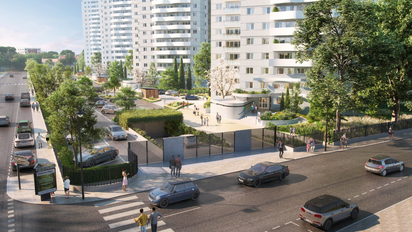 L’entrée de la résidence Carnot à Maisons-Alfort depuis la rue : local d’accueil arrondi, clôture et haie au pied des tours conservées