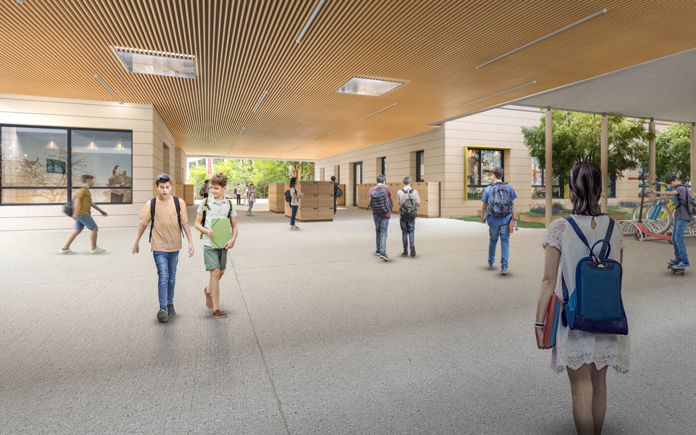 Le préau du collège provisoire Joliot-Curie à Bagneux, plafond en lames de bois
