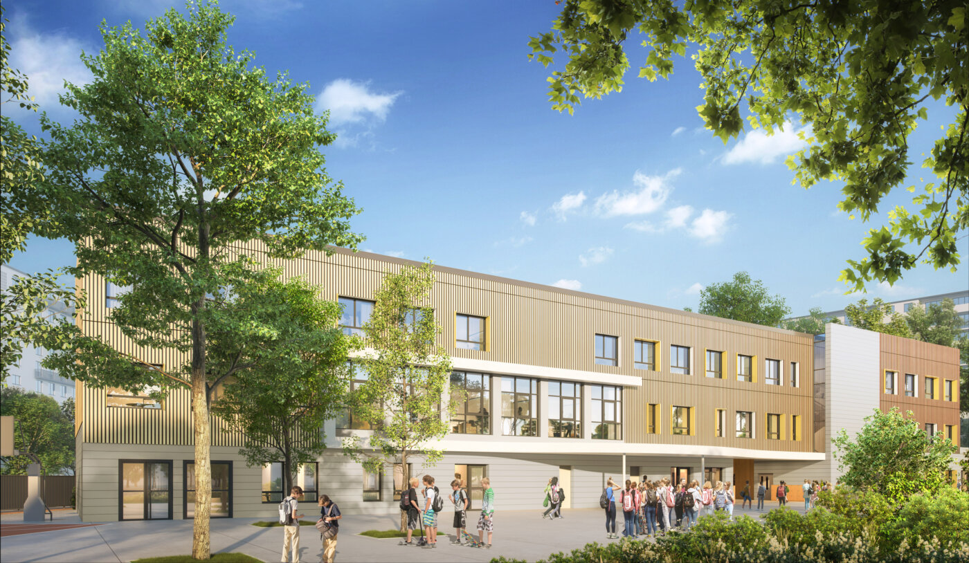 Façade sur cour du collège provisoire Joliot-Curie à Bagneux, bardage bois clair et préau au rez-de-chaussée
