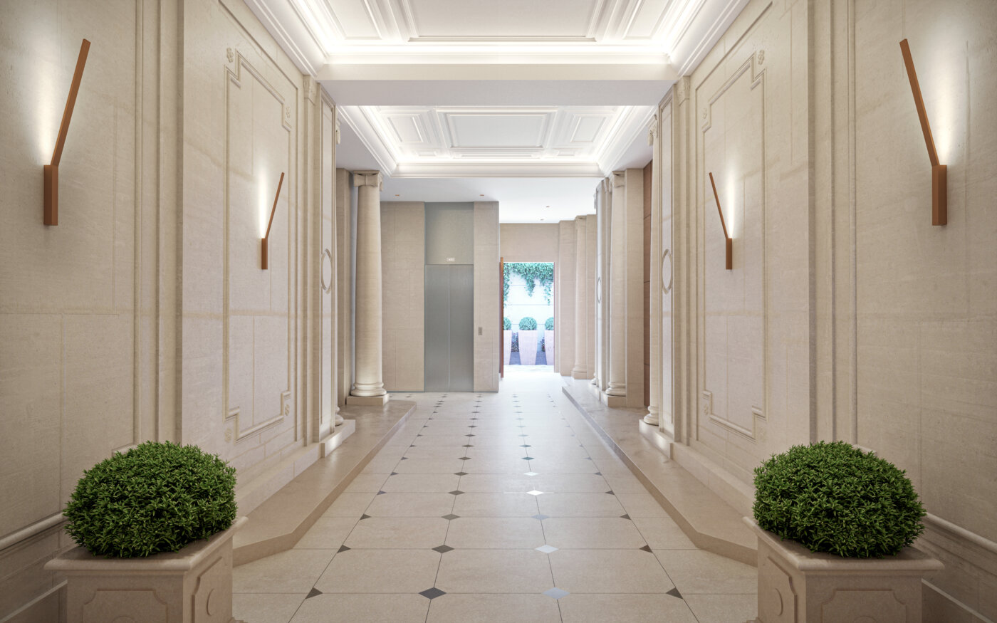 Circulation haussmannienne du 178 rue Montmartre à Paris, colonnes, plafond à caissons et appliques en bronze