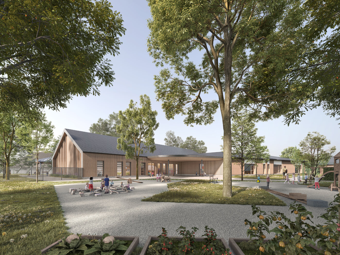 Groupe scolaire Pierre Prévost à La Chapelle-la-Reine, cour et jardin pédagogique — perspective 3D, A5A Architectes