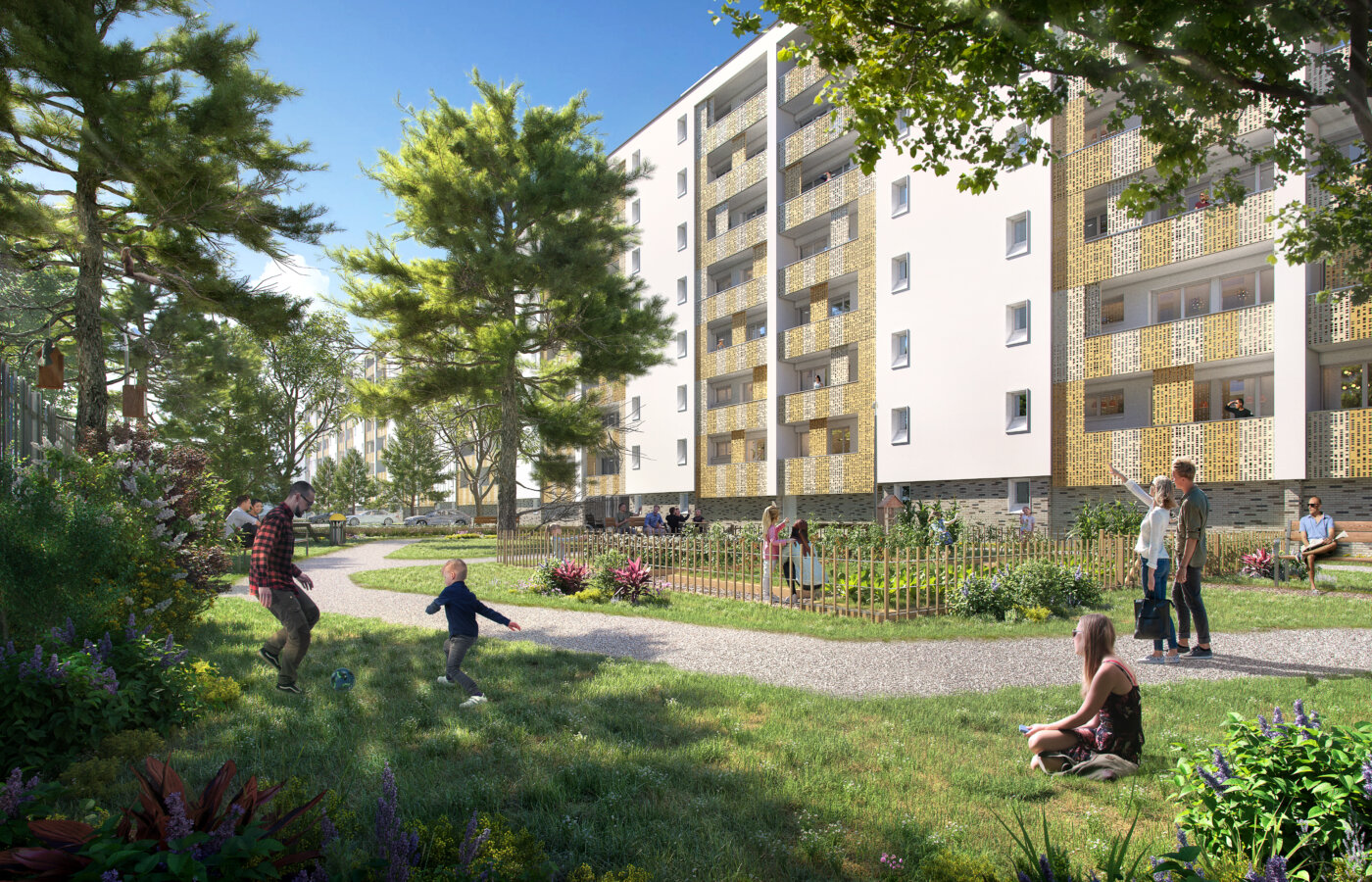 La résidence Chopin à Bagneux après réhabilitation : garde-corps en tôle perforée dorée, isolation par l’extérieur, jardins et cheminements en pied d’immeuble