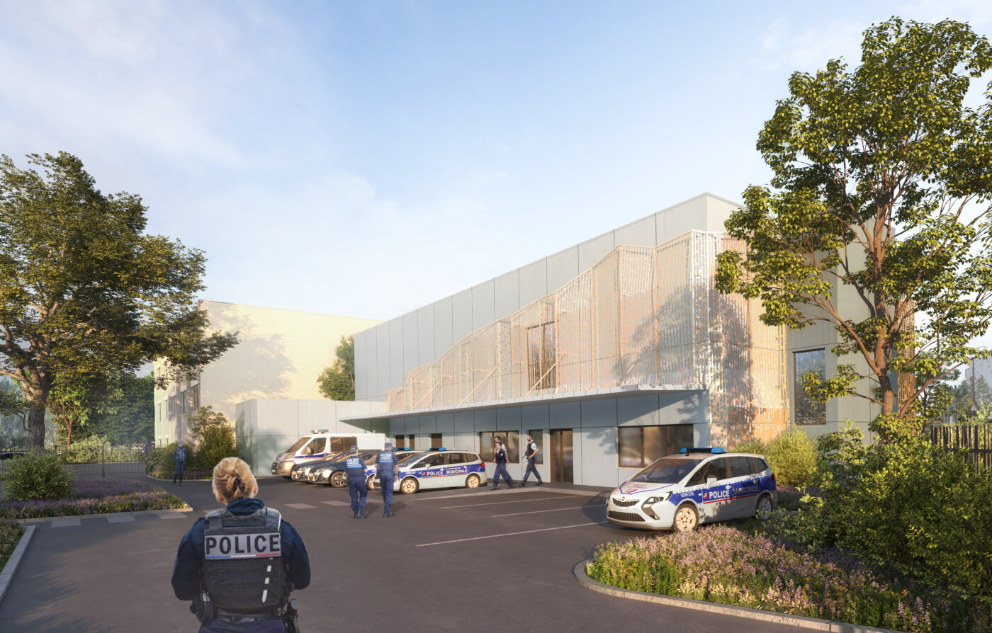 Poste de police municipale de Gonesse, cour de service et véhicules d’intervention — perspective 3D, A5A Architectes