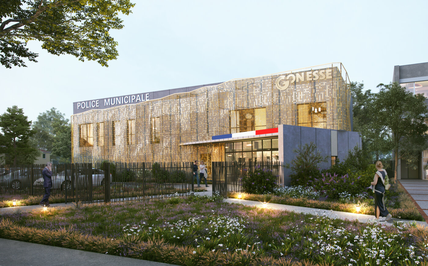 Poste de police municipale de Gonesse, façade d’entrée en résille métallique dorée au crépuscule — perspective 3D, A5A Architectes