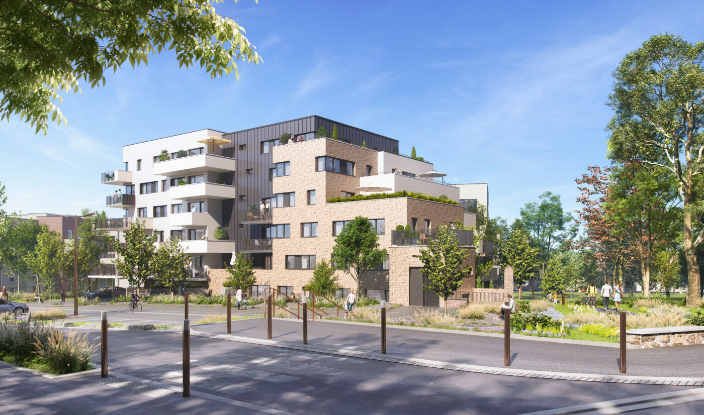 L’angle sur rue de la résidence Rive Gauche à Lagny-sur-Marne, socle en brique et attique en zinc