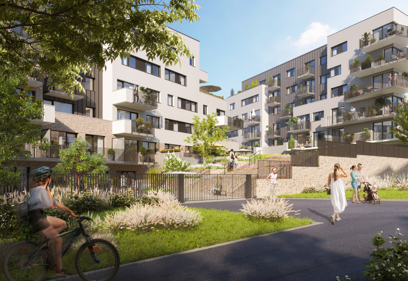 Le cœur d’îlot de la résidence Rive Gauche à Lagny-sur-Marne : noues plantées, venelle et façades en brique et enduit