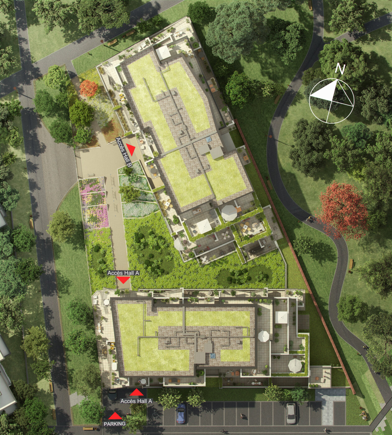 Plan masse en couleur de la résidence Rive Gauche à Lagny-sur-Marne : implantation des deux bâtiments, accès des halls A et B, parking et jardins