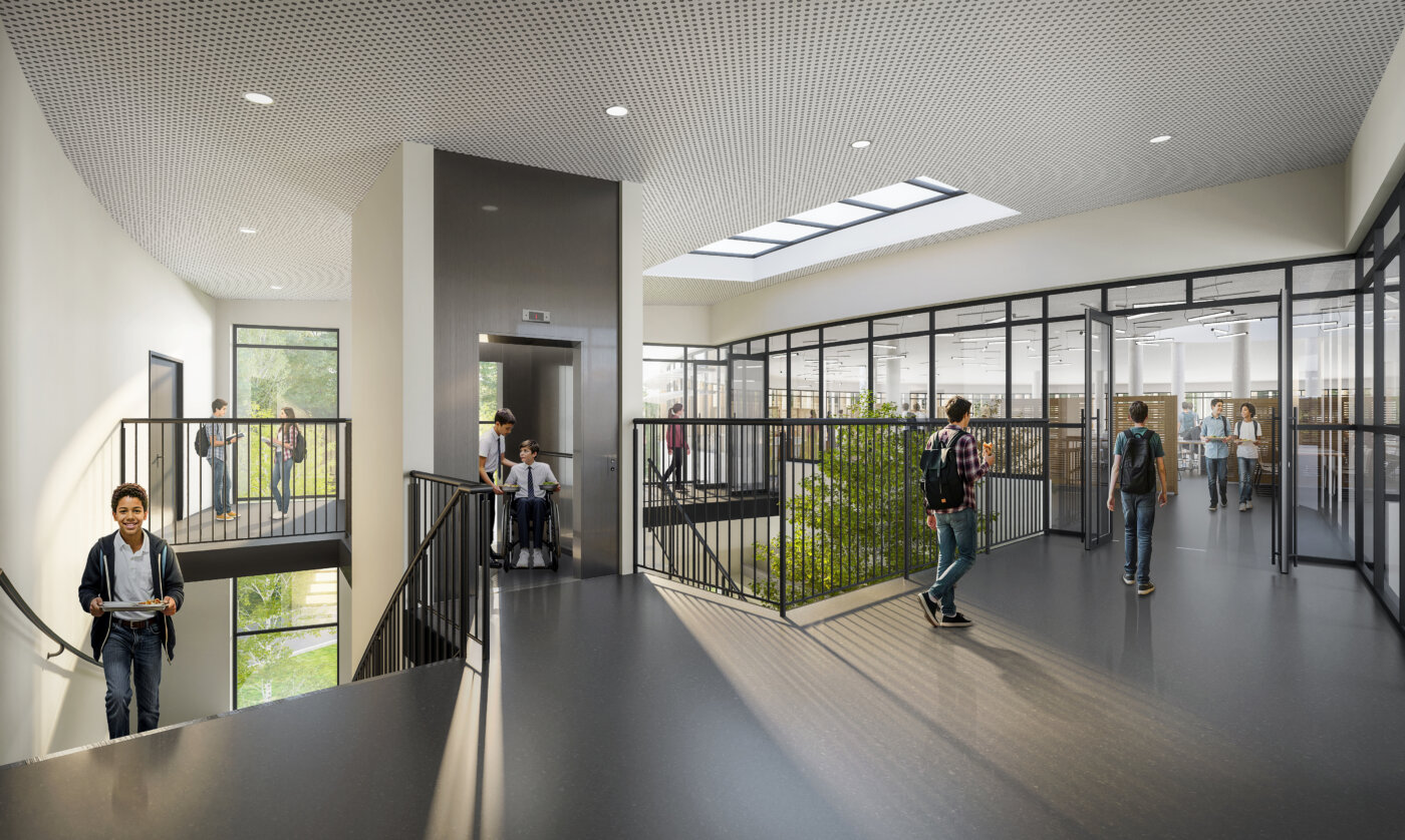 Les circulations de la restauration mutualisée des lycées Franklin et Pothier à Orléans, escalier, verrière zénithale et patio planté