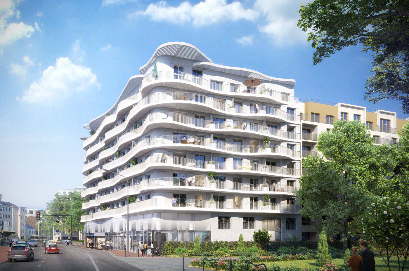 Résidence L’Ove à Courbevoie vue depuis l’angle de rue : sept niveaux de balcons blancs ondulants, commerces vitrés en rez-de-chaussée, jardin au premier plan.