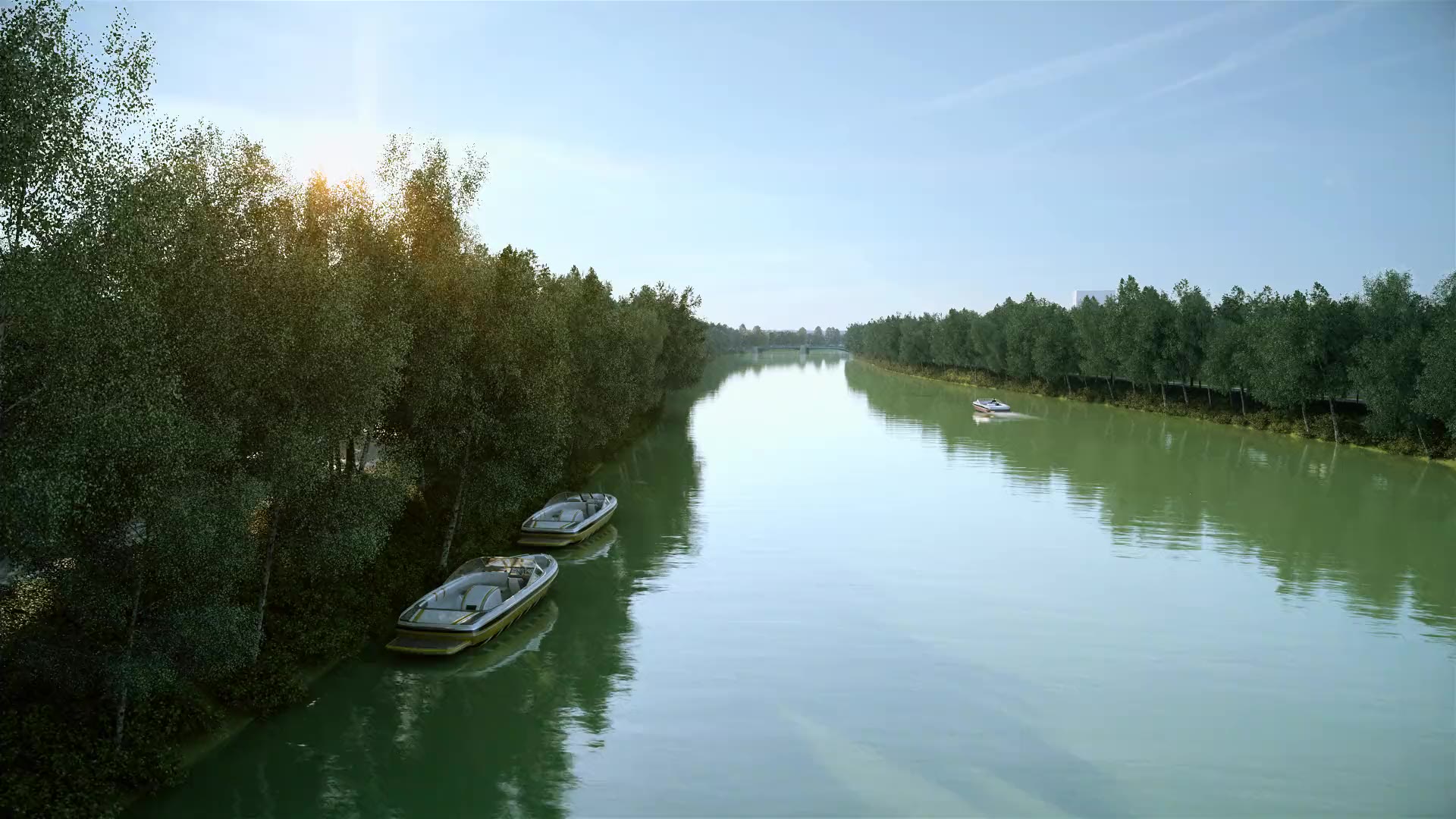 Première image de notre bande démo en film 3D : une rivière bordée d’arbres, péniches amarrées, contre-jour du matin