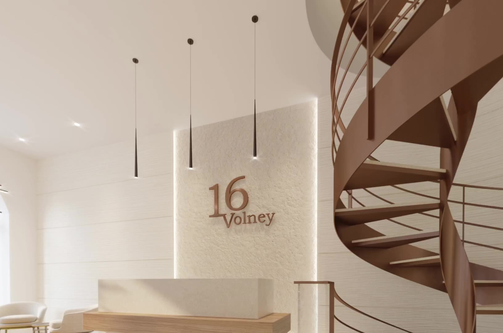 Visite 360° du hall du 16 rue Volney à Paris : escalier hélicoïdal en bronze, banque d’accueil et enseigne gravée