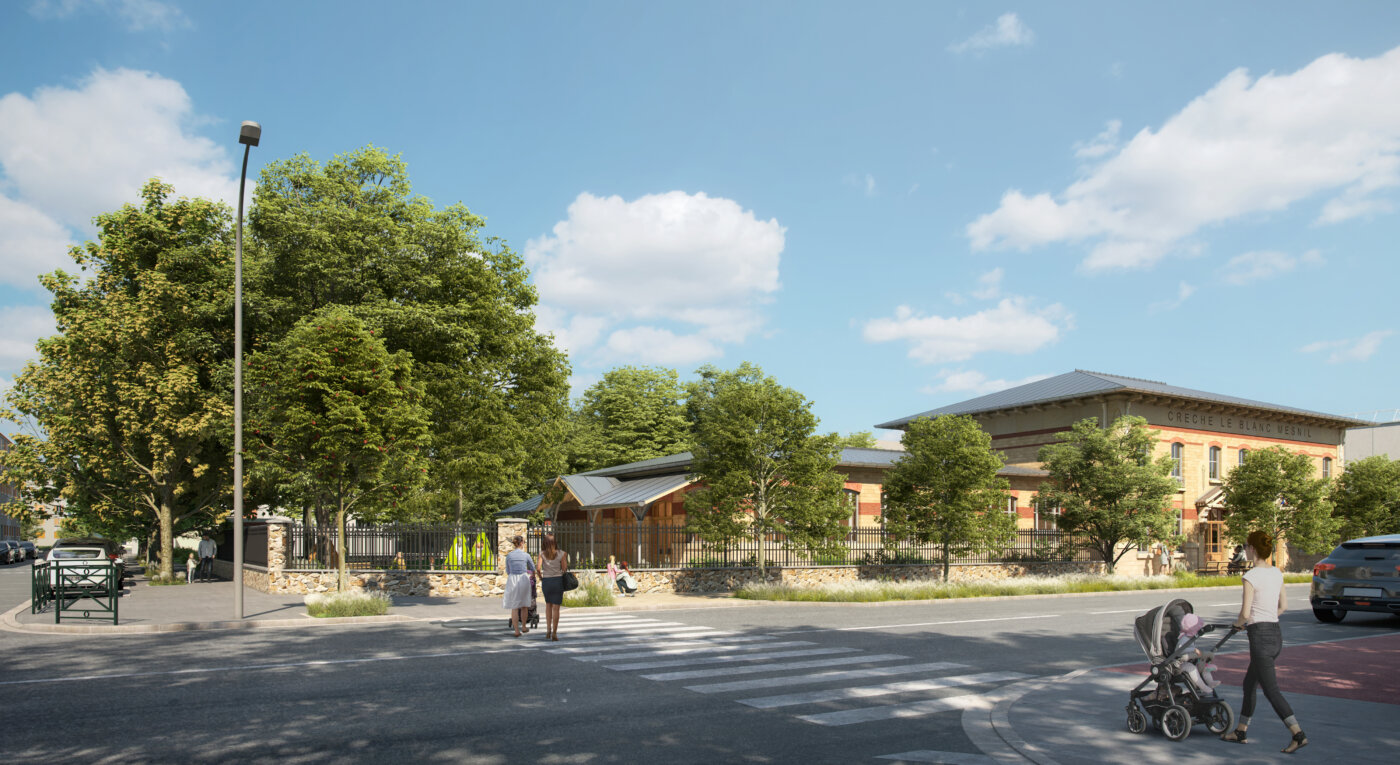 Crèche du Blanc-Mesnil dans son contexte urbain, depuis le carrefour — perspective 3D de concours, A5A Architectes