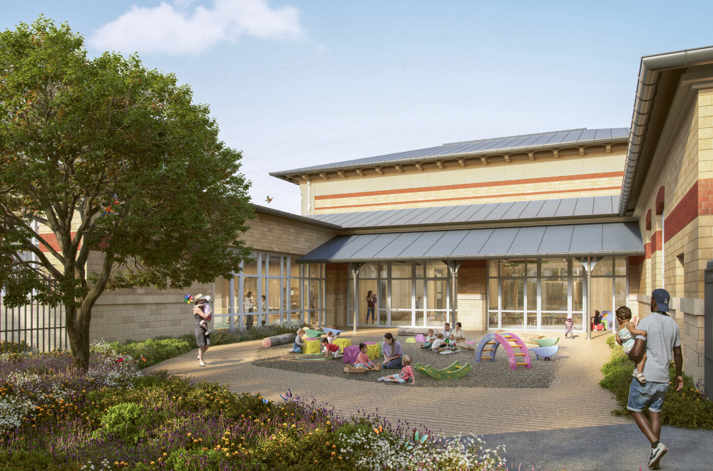 Jardin de la crèche du Blanc-Mesnil, accès direct depuis les unités de vie — perspective 3D, A5A Architectes