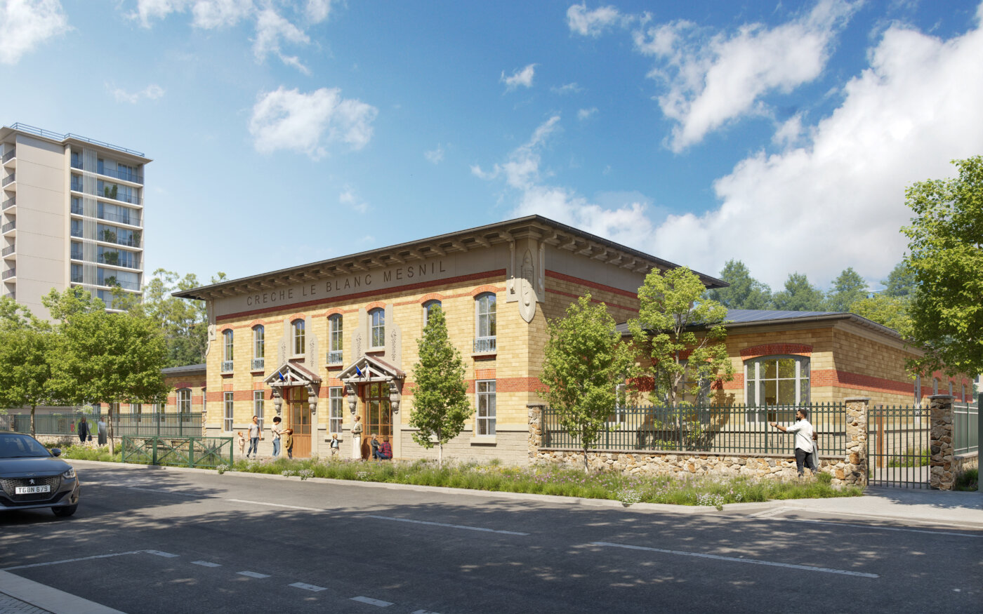 Crèche de 39 berceaux au Blanc-Mesnil, façade en pierre et brique vue depuis la rue — perspective 3D de concours, A5A Architectes