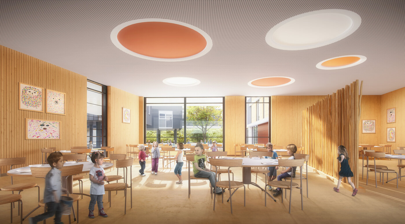 Restaurant scolaire de l’école maternelle Les Alliers de Chavannes à Mantes-la-Ville, à hauteur d’enfant — perspective 3D d’intérieur, A5A Architectes