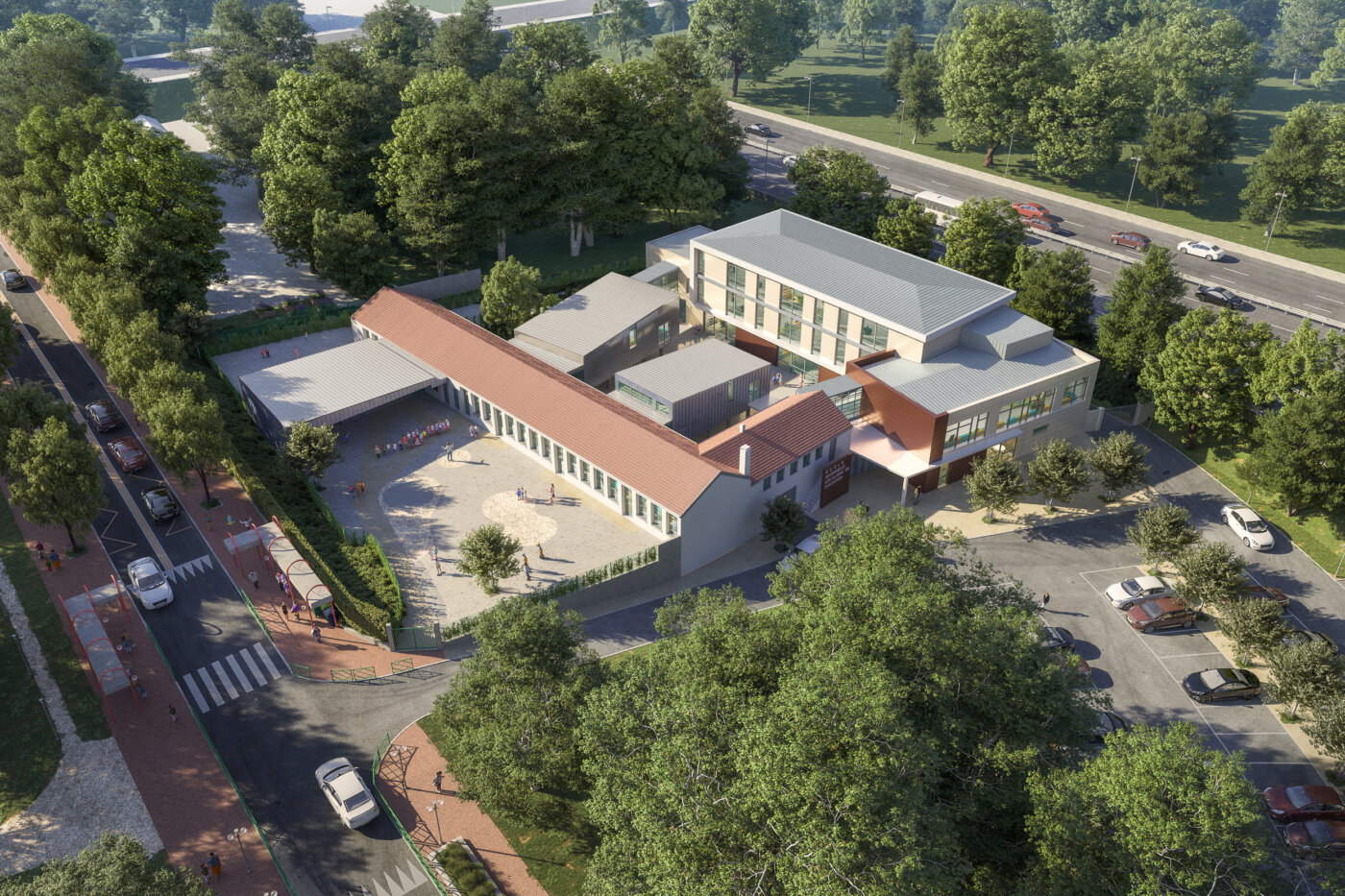 Vue aérienne de l’école maternelle Les Alliers de Chavannes à Mantes-la-Ville, restructuration-extension 12 classes — perspective 3D, A5A Architectes