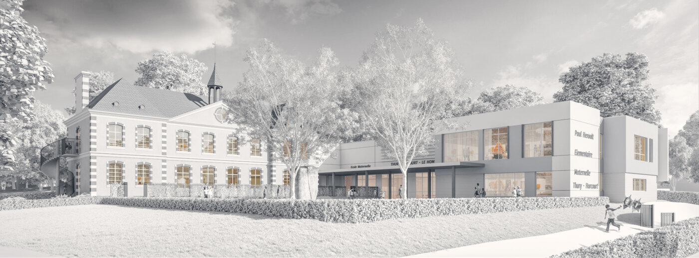 École Paul Héroult à Thury-Harcourt-Le Hom, entrée en camaïeu blanc — perspective 3D de concours, A5A Architectes