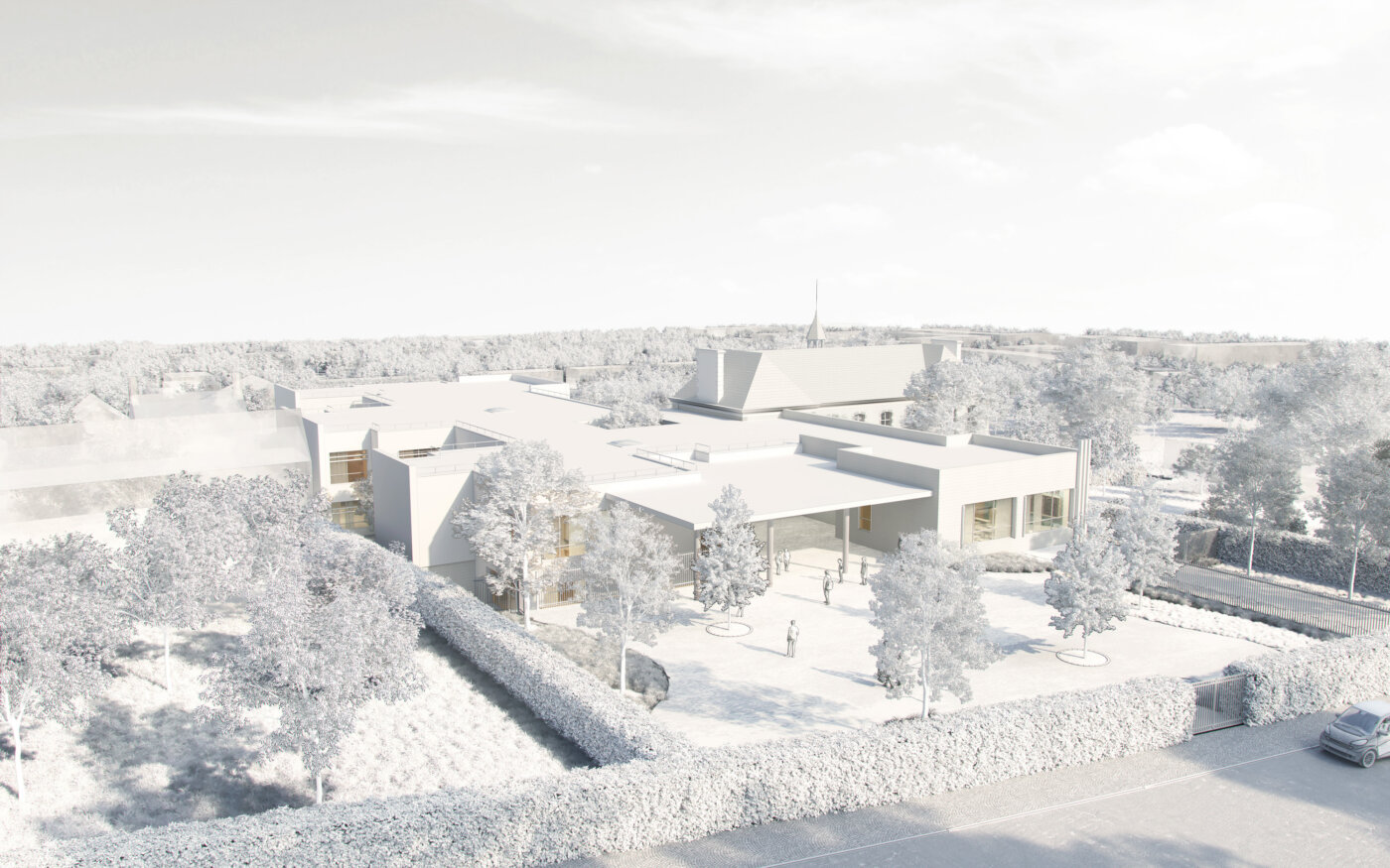 Vue aérienne de l’école Paul Héroult à Thury-Harcourt-Le Hom, restructuration-extension — perspective 3D, A5A Architectes