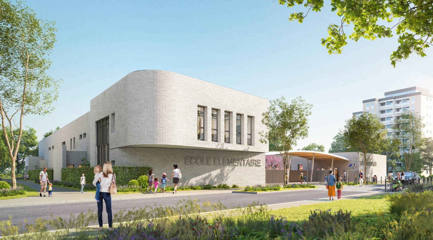 Le groupe scolaire La Hêtraie à Limeil-Brévannes vu depuis l’angle de rue — perspective 3D de concours, A5A Architectes