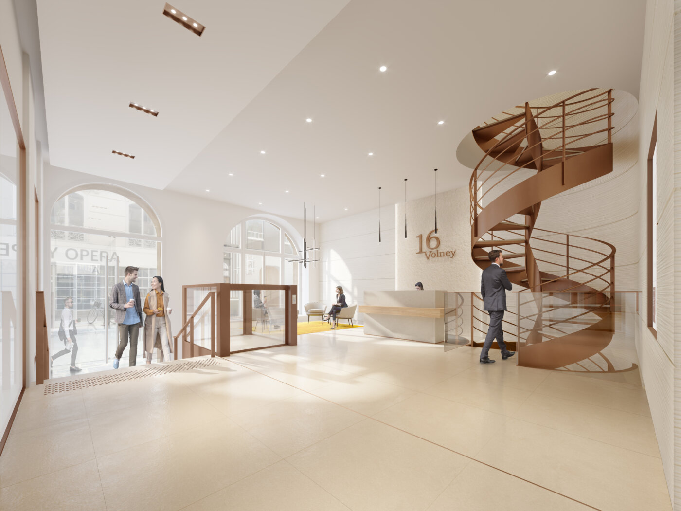 Le hall du 16 rue Volney à Paris, escalier hélicoïdal en bronze et banque d’accueil