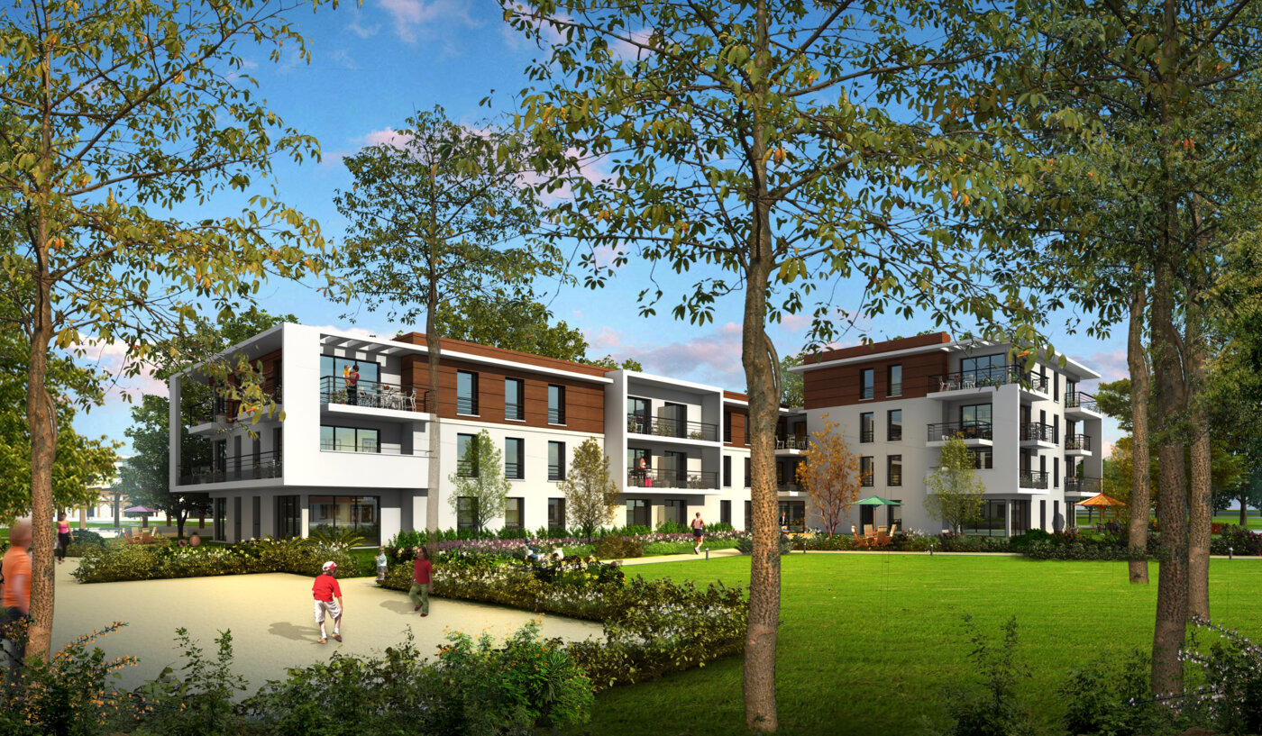 Les Jardins de l’Impératrice à Ferrières-en-Brie : les logements collectifs, volumes blancs et bardage bois, vus depuis la grande pelouse.